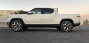 White Rivian R1T EV pickup truck rental car for rent in Scottsdale, AZ.