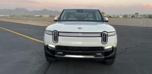 White Rivian R1T EV pickup truck rental car for rent in Scottsdale, AZ.