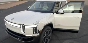 White Rivian R1T EV pickup truck rental car for rent in Scottsdale, AZ.