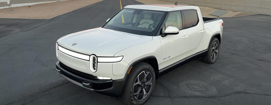 White Rivian R1T EV pickup truck rental car for rent in Scottsdale, AZ.