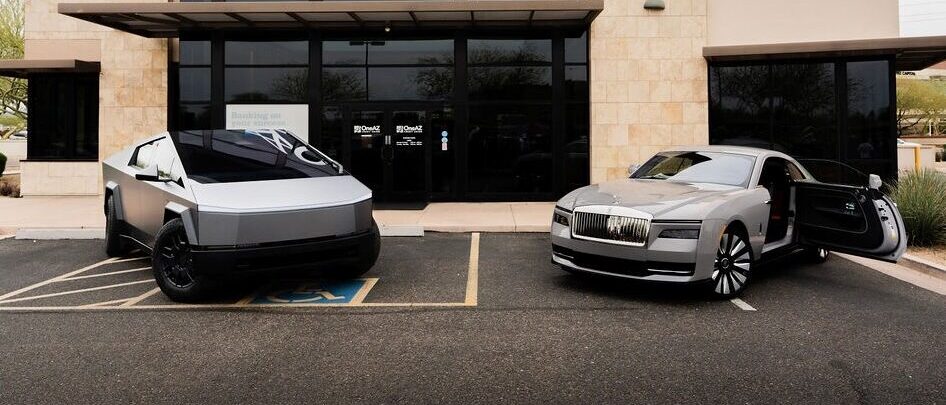 BESPOKEV Cars and Coffee in Scottsdale, AZ featuring the Tesla Cybertruck and Rolls-Royce Spectre luxury electric vehicle.