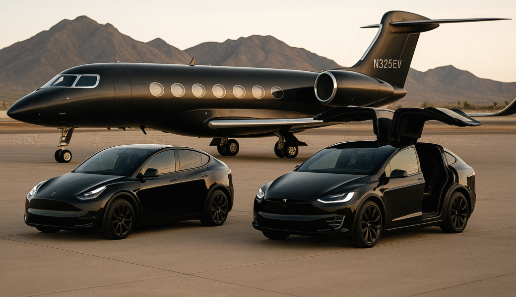 BESPOKEV electric vehicle transportation service in Scottsdale and Phoenix, AZ. Tesla Model X and Model Y with private jet at Scottsdale Airport.