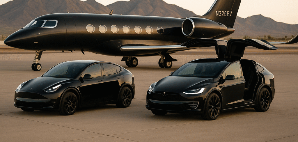 BESPOKEV electric vehicle transportation service in Scottsdale and Phoenix, AZ. Tesla Model X and Model Y with private jet at Scottsdale Airport.
